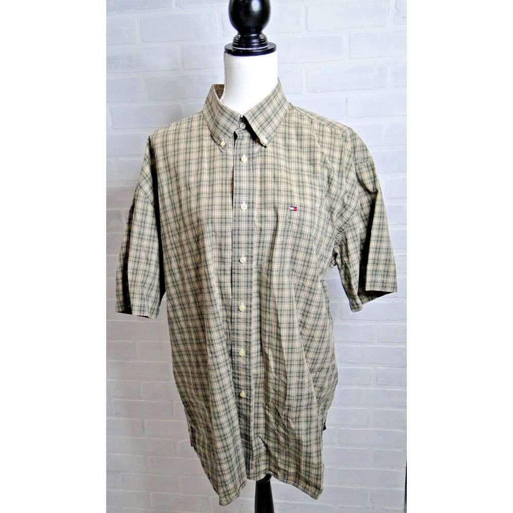Tommy Hilfiger Mens Size XL Short Sleeve Button Up Shirt Green Yellow Plaid
